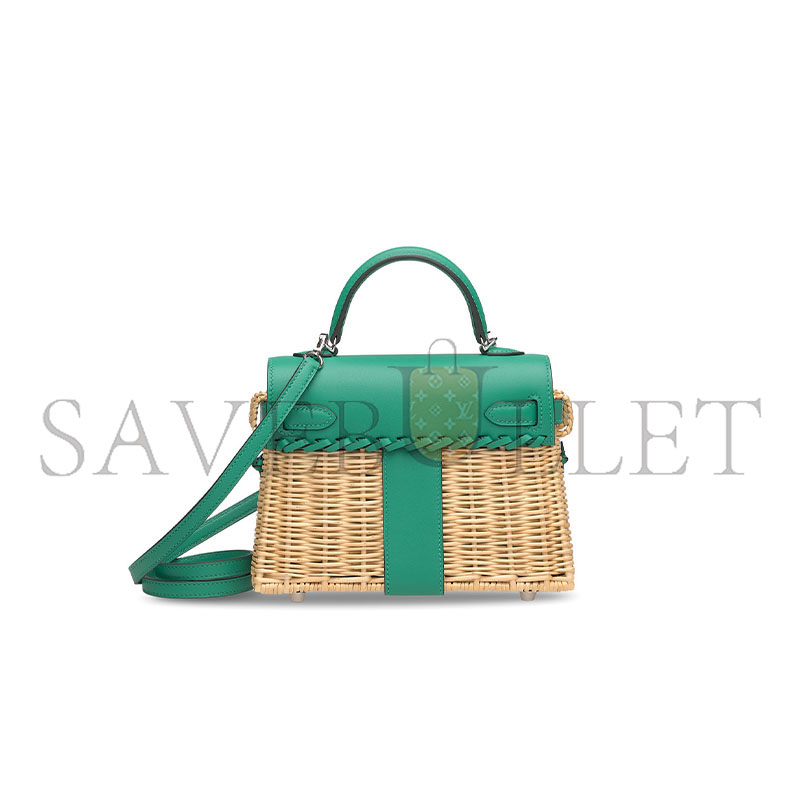 HERMÈS MASTER VERT VÉRONE SWIFT LEATHER & OSIER MINI PICNIC KELLY 20 WITH PALLADIUM HARDWARE (20*14*8cm) 